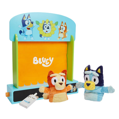 Bluey Wooden Puppet Theater for Kids Playset, 20" Kids Pretend Stage Puppets, Interchangeable Fabric Backdrops & Roll-Down Curtain
