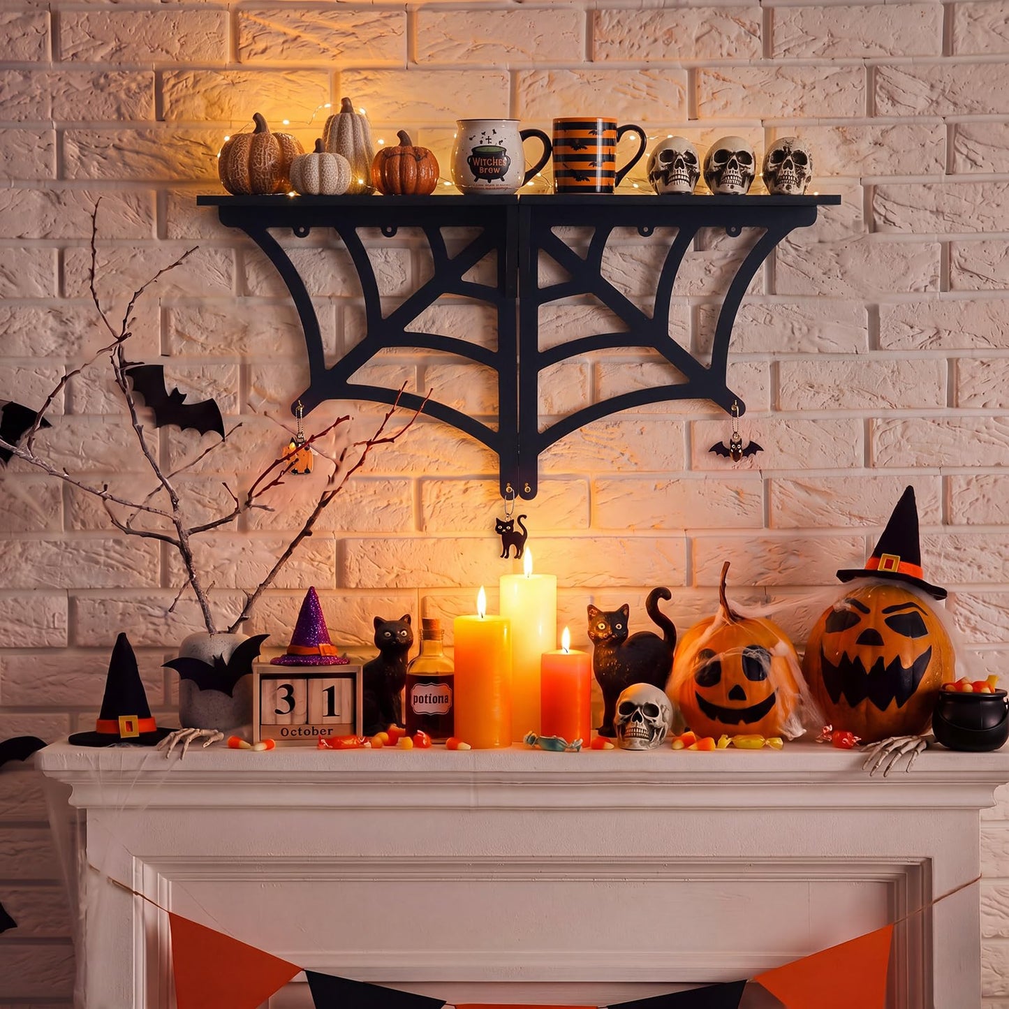 Glenmal 20 Inch Halloween Spider Web Shelf Hang Separately or Together, Goth Room Decor Wood Spooky Hanging Gothic Decor Black Wall Floating Shelves with Hooks for Halloween Bedroom Home Kitchen Party