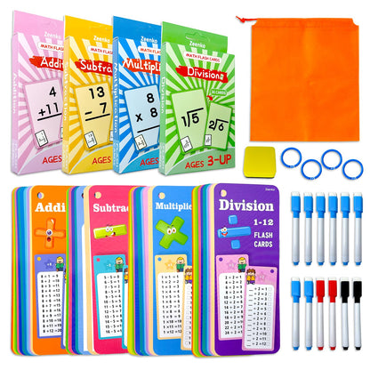 Math Flash Cards Set of 4-204pcs Reusable Math Practice Cards with Addition, Subtraction, Multiplication, Division, Flash Cards,Games for Kids Ages 6+ |Spark Skills & Fun Learning