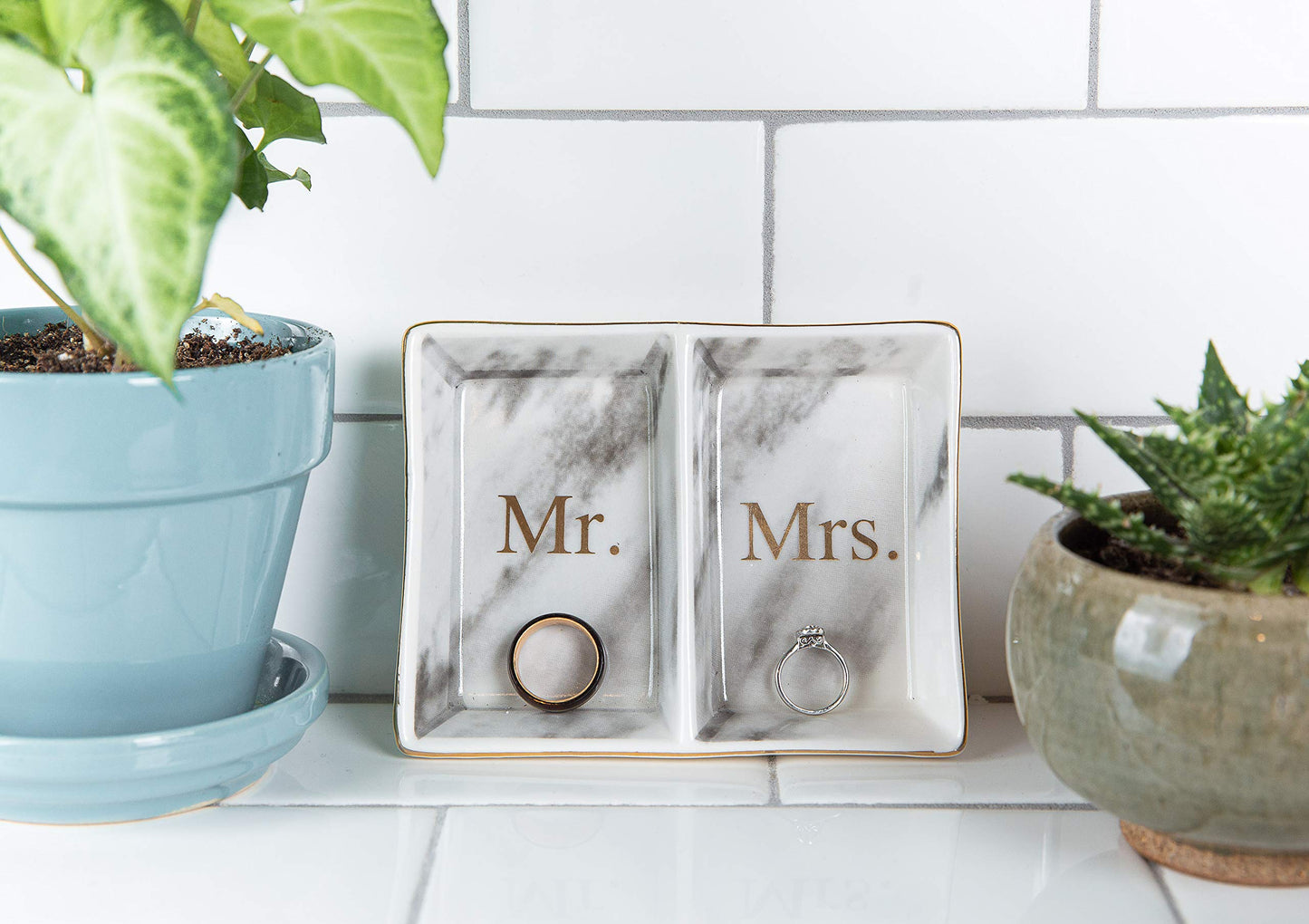 Aller Home & Kitchen Mr. & Mrs. Ring Dish - Marble Design Trinket Dish, Couples Ring Holder Dish - His and Hers Two Section Jewelry Dish Tray, Great for Wedding and Engagement Gifts