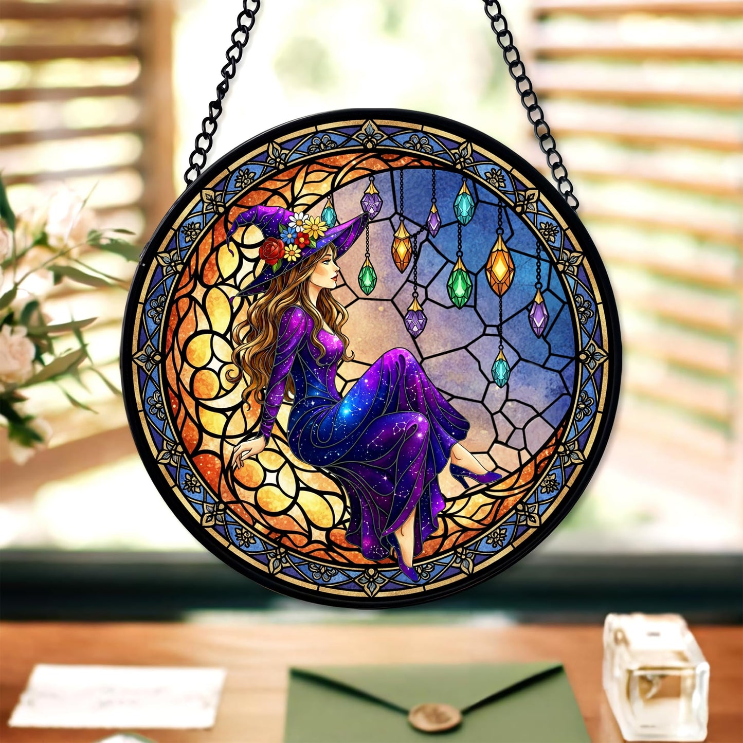 FIVITY 7.8" Moonlight Witch Suncatcher Stained Glass Window Hanging Mystical Witchy Sun Catchers Halloween Ornaments Wall Art Door Garden Room Home Decor Birthday for Teens Women