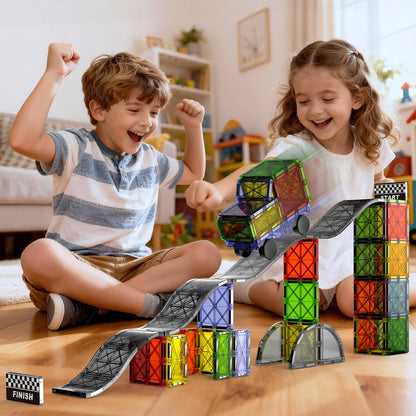 MEIQ Magnetic Downhill Racer Set 40-Piece with Car & Tracks, STEM Magnetic Tiles Building Toys for Kids Ages 3-8, Montessori Learning Toys with Reinforced Slopes & Loop Pieces