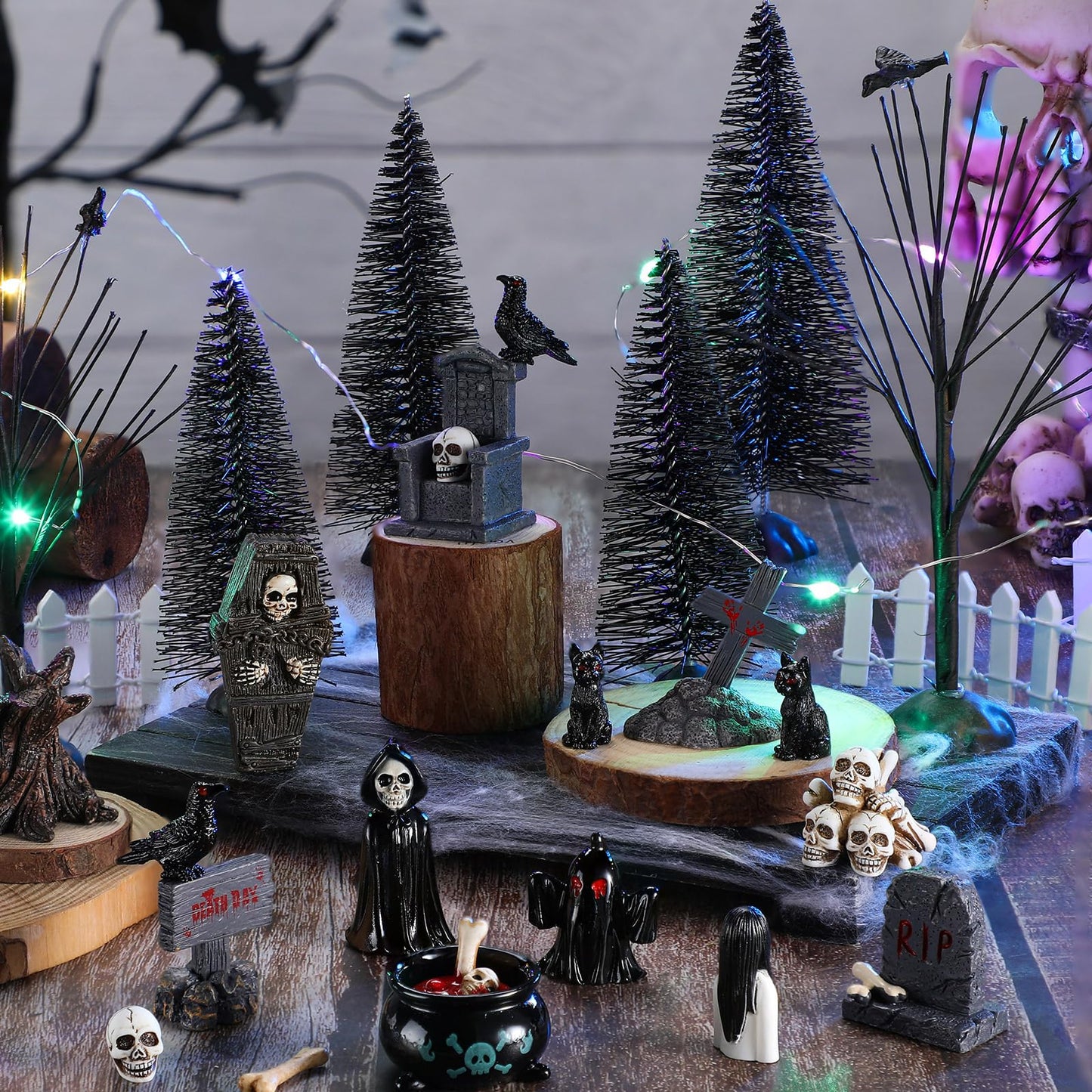 Liliful 32 Pcs Halloween Village Miniature Town Accessories Set Halloween Figurines Spooky Bare Branches Tombstones Skeleton Skulls Resin Horror Village Collections for Party Town Decorations