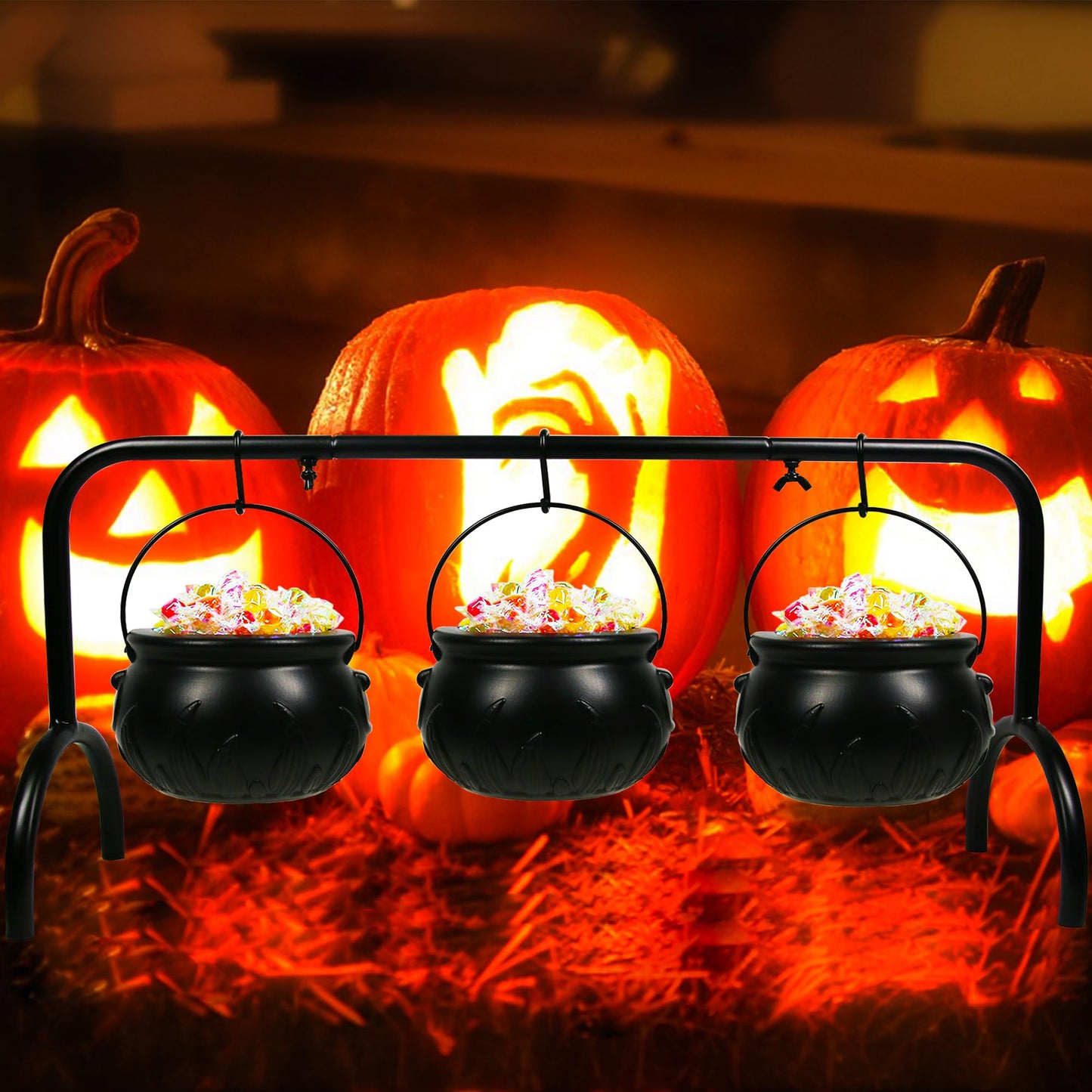 Darnassus Halloween Cauldron on Rack - Set of 3 Witches Serving Bowls, Candy Bowl, Black Plastic Decor for Party Decoration