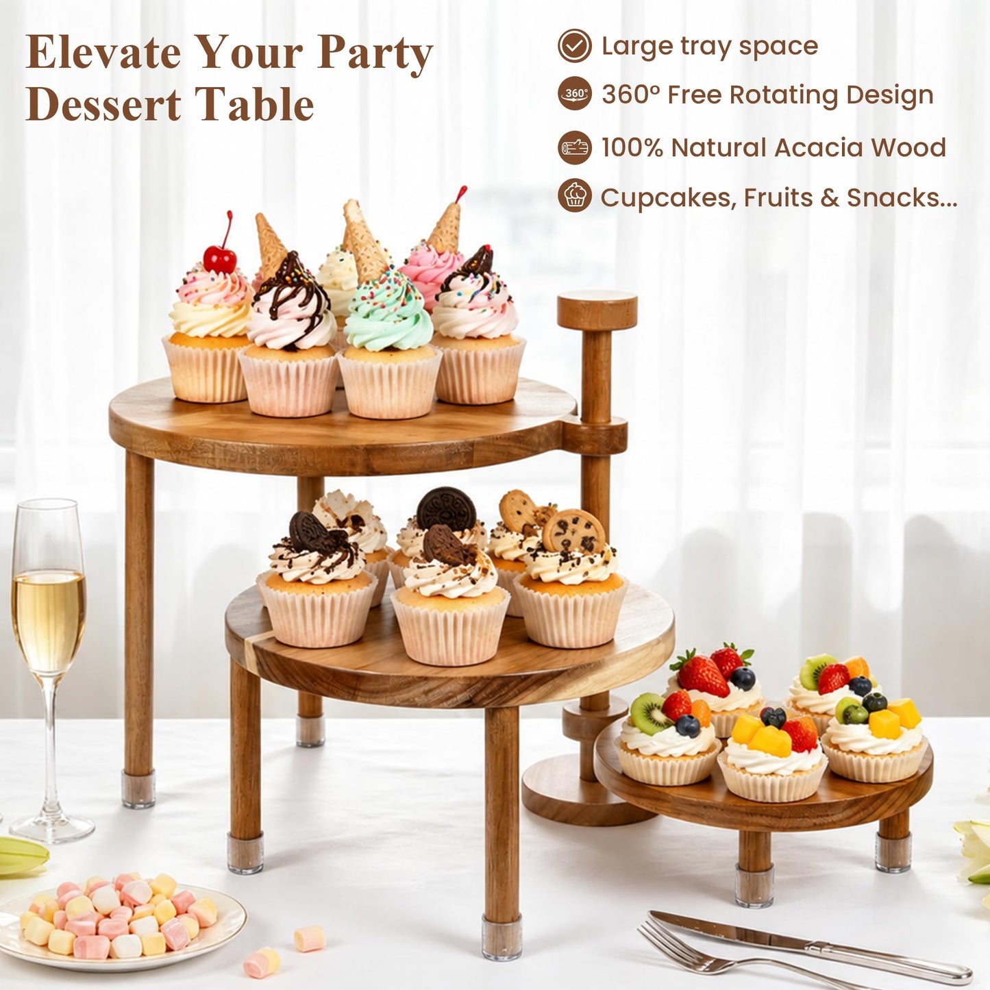 LOVYANXUE Acacia Wooden Cupcake Stand, 3 Tier Round Cake Stand 360° Rotatable Cupcake Tower with Tiered Serving Tray, Wood Dessert Table Display Set, Tiered Tray Stand for Party, Wedding (12/10/8 IN)