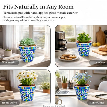 VOREEN Handmade Mosaic Planter, Small Terracotta Pot with Glass Mosaic Exterior and Drainage Hole, Decorative Indoor Outdoor Plant Pot for Succulents, Cactus, Desk, Shelf, Windowsill, Patio & Garden