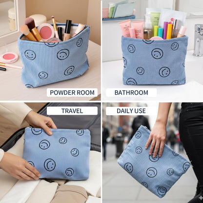 HFZRZFH Smiley Face Makeup Bag - Cute Blue Corduroy Small Toiletry Bags for Women, Soft Mini Skincare Organizer, Small Zipper Pouch For Travel Use