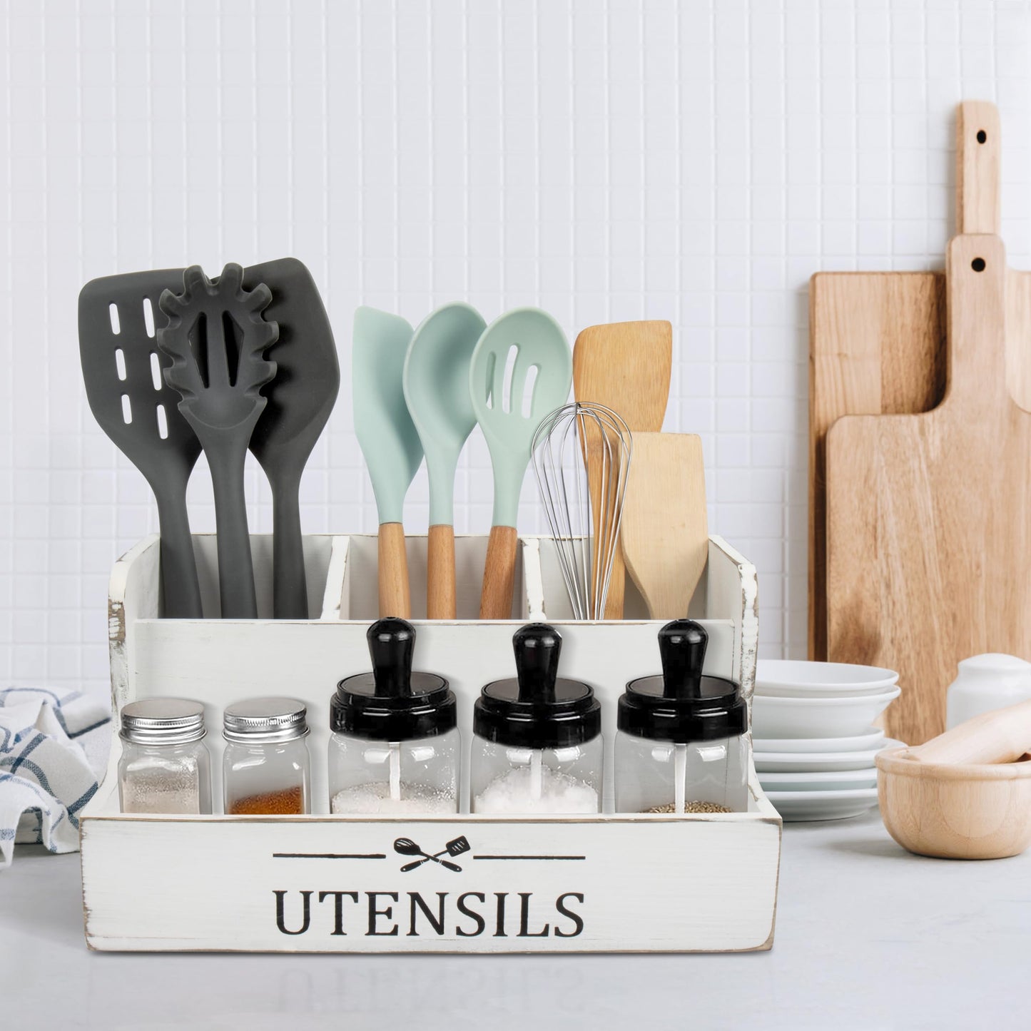 RedCall Extra Large Kitchen Utensils Holder 4 Compartments,Wood Utensil Organizer for Kitchen Countertop,Farmhouse Cooking Utensil Holder with Spice Storage space (Antique)