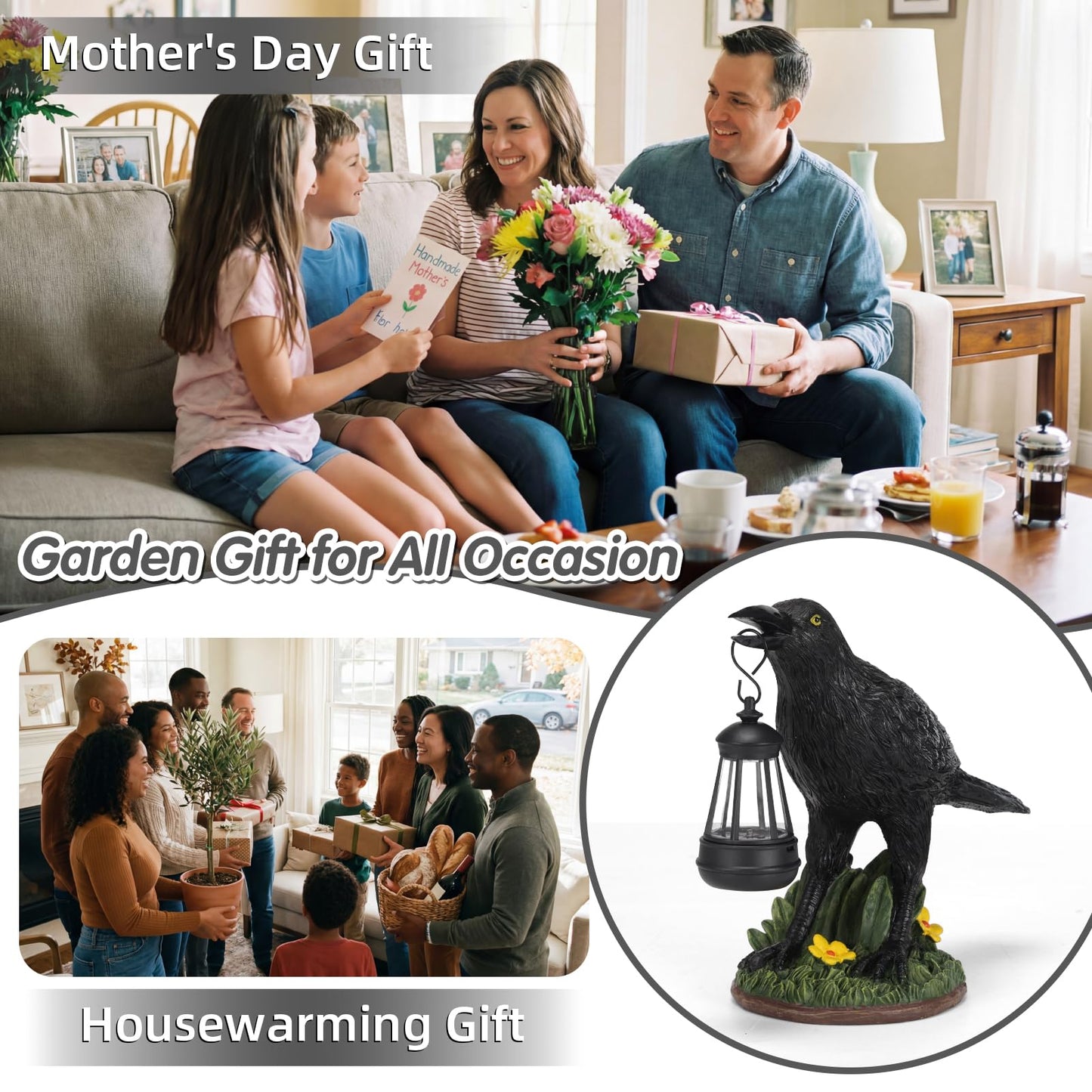 Rempry Solar Garden Crow Statue Decor, Gothic Crow Light for Yard Lawn Patio Outdoor, Unique Birthday Housewarming Halloween Gifts for Mom Family, Friend