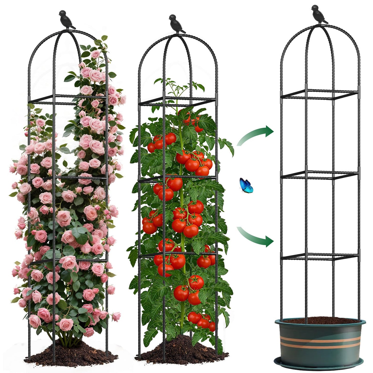 Square Tomato Cages for Garden, 6.2 FT Cucumber Trellis for Flowers, Grape, Pea, Rose, Bean, Rustproof Plastic Coated Metal Plant Support for Potted Plants Indoor Outdoor- 1PC Obelisk Trellis