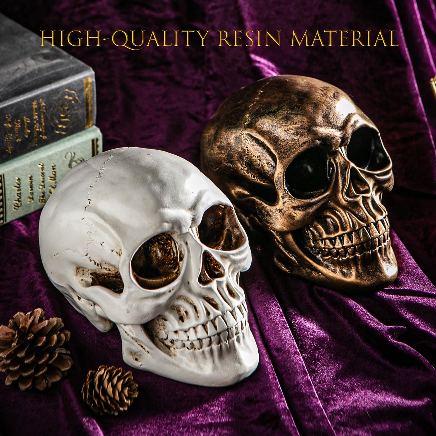 Mowtanco Halloween Skull Statues – Set of 2 Resin Skeleton Head Decorations (Gold & White) – 7.7" Realistic Skull Decor for Indoor Halloween Party, Tabletop Centerpiece, Spooky Home Accents