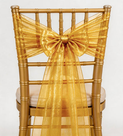 WENSINL Organza Gold Chair Sashes Bows 100 Pack 7x108 inches Sheer Chair Sash Ties for Wedding Party Birthday Banquets Restaurant Christmas Events Decoration (Gold)