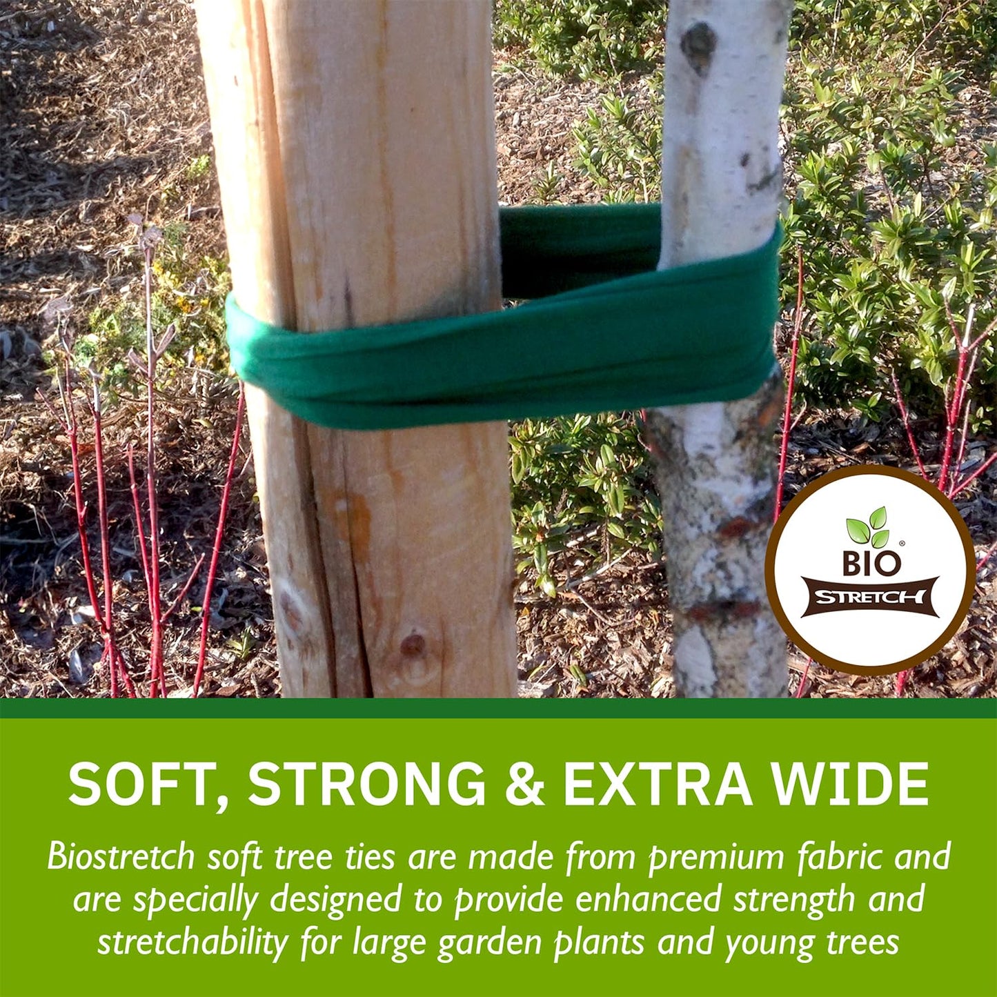 Bio-Stretch Extra Wide Soft Tree Ties - Strong & Stretchy Support for Large Plants & Young Trees - Cut-to-Length Green Garden Tape for Home & Professional Gardening (52 ft / 16M)