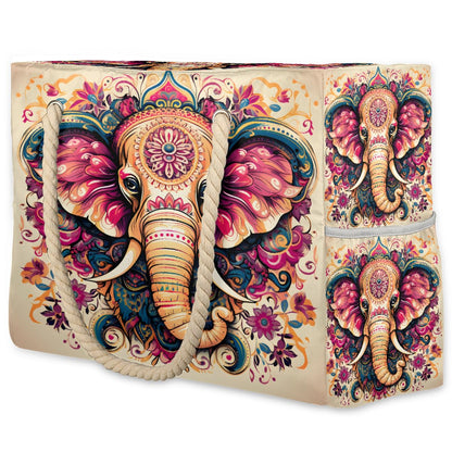 ModaQua Elephant Floral Splendor Beach Bags Waterproof Sandproof for Women, Large with Zipper Pool Beach Tote Reusable Grocery Shoulder Bag for Swim Travel Shopping Vacation Picnic