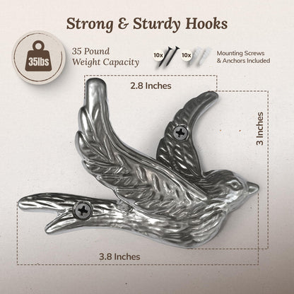 Flying Bird Decorative Wall Hooks (5 Pack) Cast Iron, Silver Coat Hooks, Wall Mounted - Farmhouse Decor, Hooks for Coats, Bags, Hats, Towels, Easy to Install (Antique Silver Hooks)