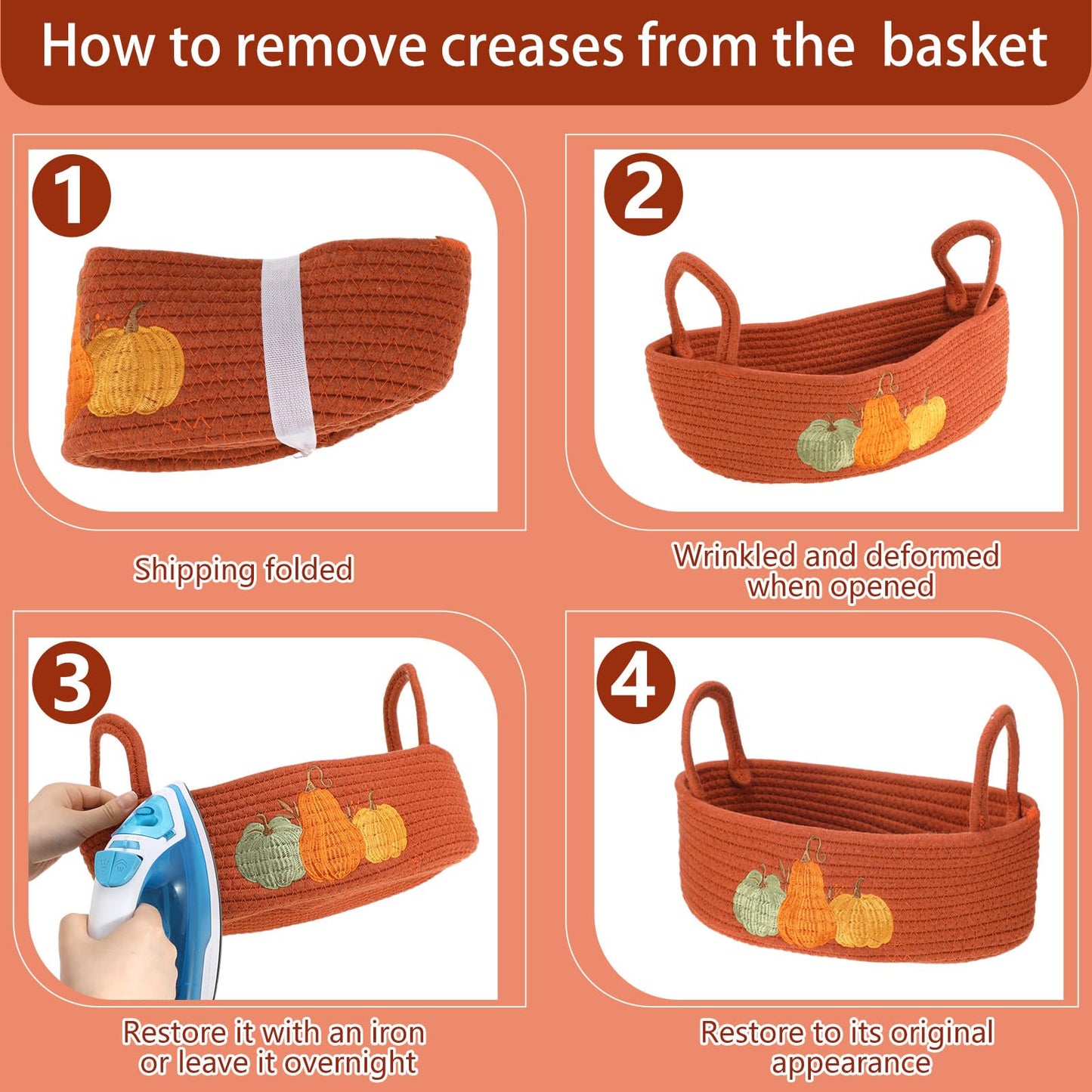 Vesici Pumpkin Toilet Paper Basket Boho Woven Cotton Rope Bathroom Countertop Organizer with Handle Orange Halloween Pumpkin Bathroom Storage Decor for Fall Halloween Bedroom Nursery, 13 x 6 x 4 Inch