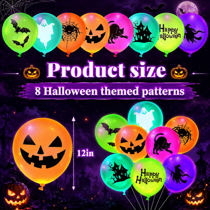 Junkin 80 Pcs Summer Halloween Neon Decoration Glow in The Dark UV Neon Balloons Blacklight Reactive Fluorescent Latex Balloon Pumpkin Ghost Witch Spider Halloween Glow Pool Birthday Party Supplies
