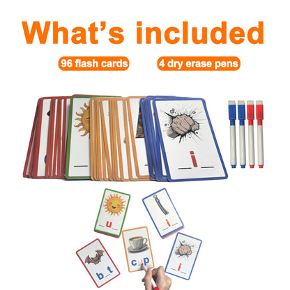 CVC Learning Flash Cards 2 Set- Educational Spelling and Reading Game for Preschool and Kindergarten, Includes Colorful Erasable Pens