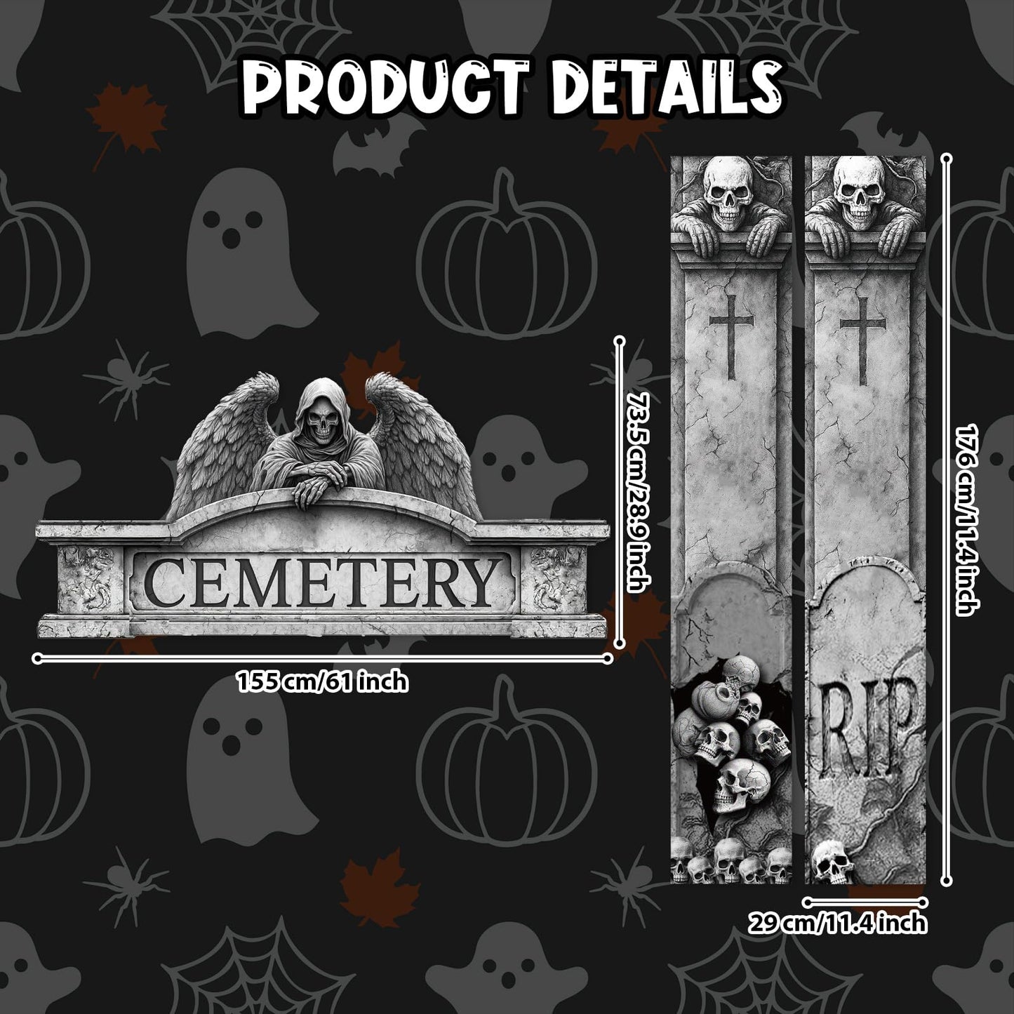 BrightRow Halloween Decorations 3 Pcs Gothic Graveyard Door Frame Archway Banner, Grim Reaper Backdrop Polyester Hanging Banner with PVC Rope for Indoor Outdoor Haunted House Party Supplies