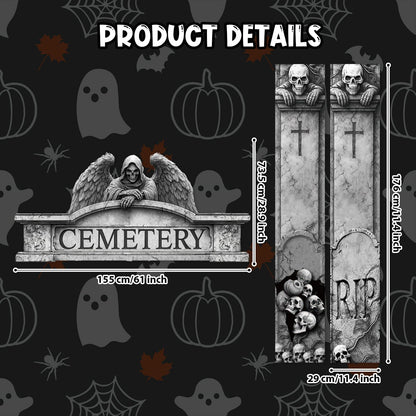 BrightRow Halloween Decorations 3 Pcs Gothic Graveyard Door Frame Archway Banner, Grim Reaper Backdrop Polyester Hanging Banner with PVC Rope for Indoor Outdoor Haunted House Party Supplies