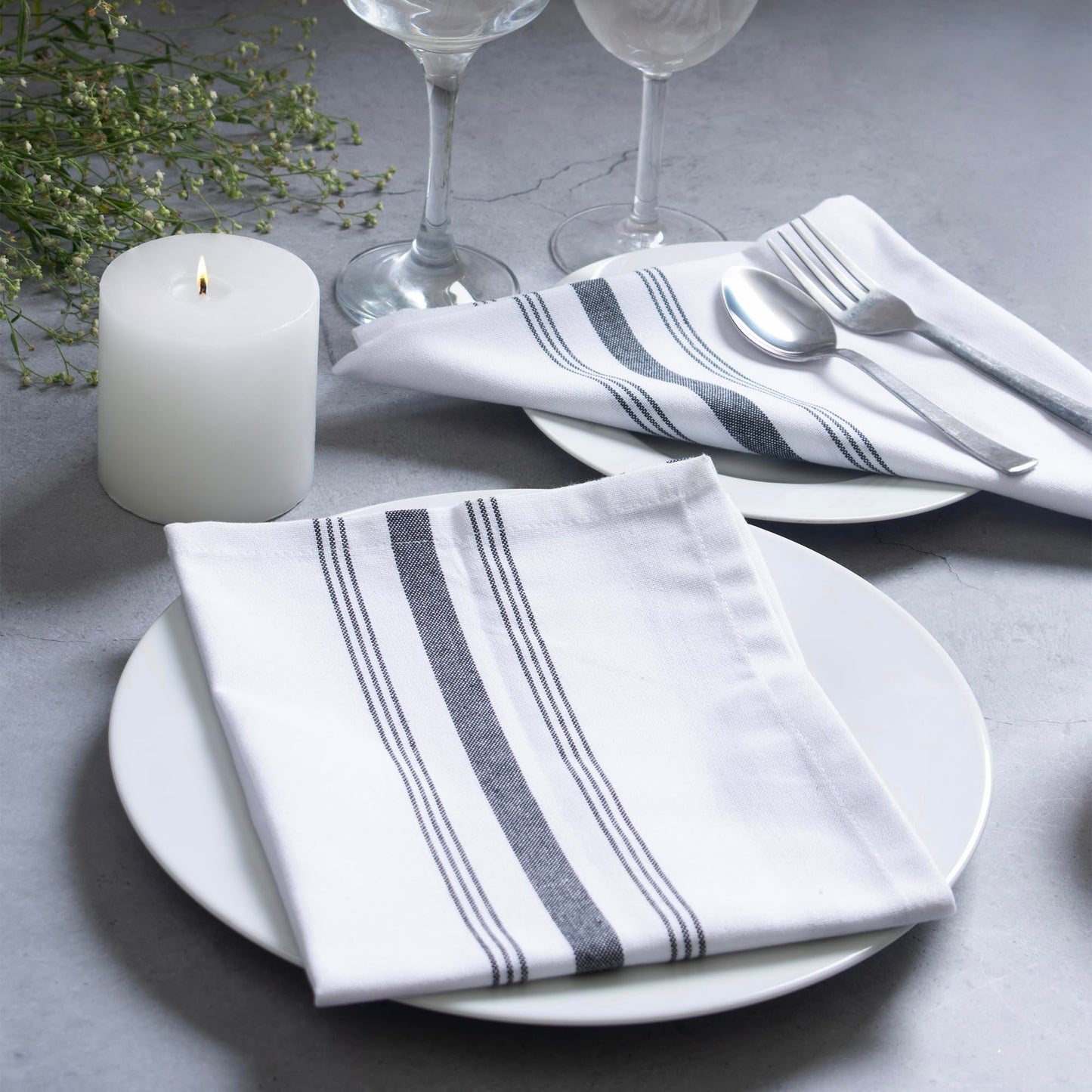 Blue Needles Set of 12 French Stripe Dinner Table Napkins 100% Cotton Napkins, 18x18 Inch, Absorbent, Soft, Reusable & Washable Restaurant Hotel Quality Spring Summer & Everyday Use - Black