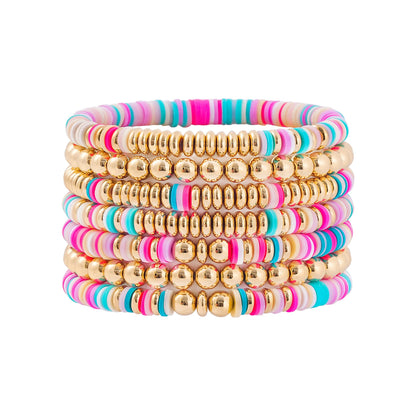 GOOJIDS Surfer Heishi Clay Bead Bracelets for Women Bohemian Stackable Gold Plated Beaded Stretch Bracelets Elastic Layering Friendship Bracelets Set Boho Jewelry (F-Pink Multicolor Set)