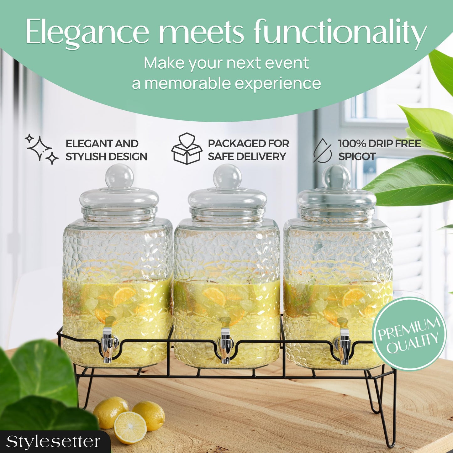 Style Setter Premium Glass Drink Dispensers with Metal Stand for Parties – Beverage Dispenser Set for Cold Drinks, Lemonade, Cocktails, Juice – Party Glass Drink Dispenser Station - 1.5 Gal, Set of 3
