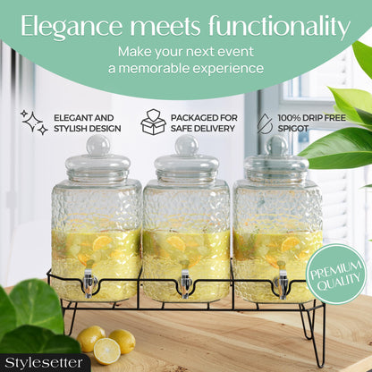 Style Setter Premium Glass Drink Dispensers with Metal Stand for Parties – Beverage Dispenser Set for Cold Drinks, Lemonade, Cocktails, Juice – Party Glass Drink Dispenser Station - 1.5 Gal, Set of 3