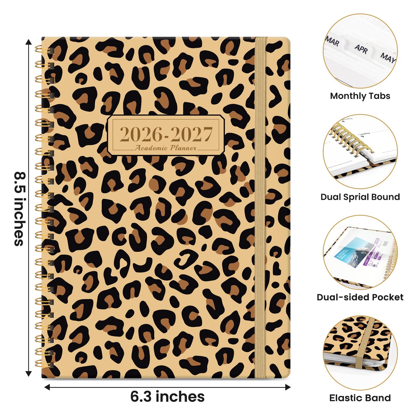 Planner 2026-2027, Monthly and Weekly Academic Planner July 2026 - June 2027, Hardcover Student Teacher Planning Agenda Calendar Book with Tabs, Perfect for Office School Supplies, A5 (6.3" x 8.5") - Leopard