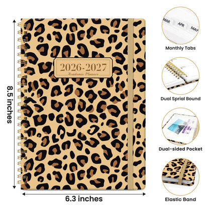 Planner 2026-2027, Monthly and Weekly Academic Planner July 2026 - June 2027, Hardcover Student Teacher Planning Agenda Calendar Book with Tabs, Perfect for Office School Supplies, A5 (6.3" x 8.5") - Leopard