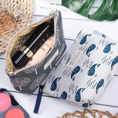 Boao 4 Pieces Canvas Makeup Bags Set Small Cosmetic Pouches for Purse with Zipper Multi Functional Toiletry Travel Case Organizer for Women Gift, 4 Styles(Small,Whale, Bear, Tree, Leave)