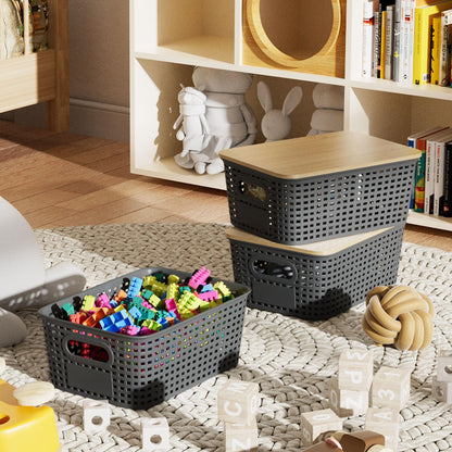 6Pcs Storage Bins with Lids, Stackable Plastic Storage Basket with Bamboo Lid, Pantry Organizer Box Small Containers for Organizing Shelves Drawer Desktop Closet Cabinet Office Classroom 10x7.1x4.1in