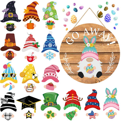Seasonal Gnome Wall Decor Set, 11.8 inch Wooden Round Sign with Interchangeable Holiday Hats, Welcome Door Hanging (Delicate)