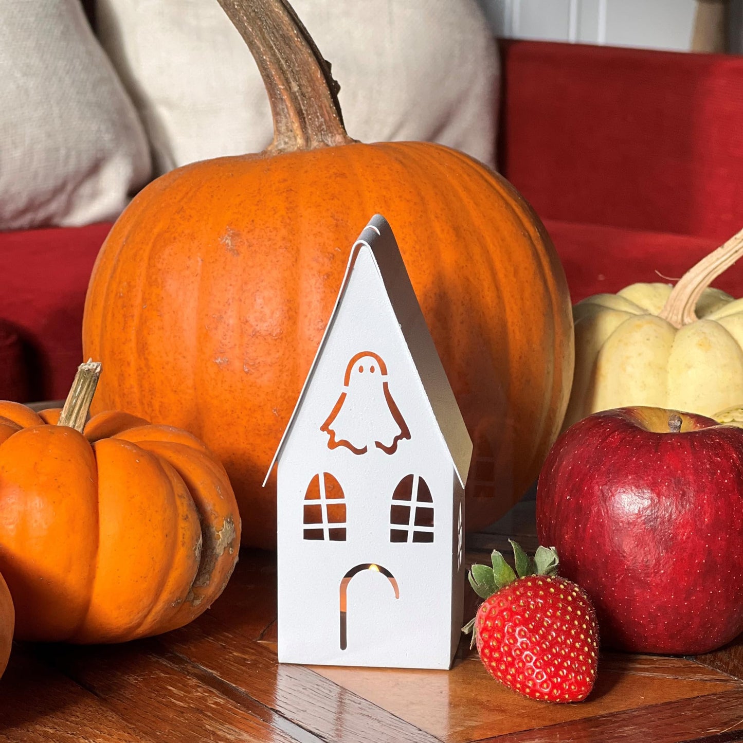 Spooky Halloween House Tea Light Candle Lanterns, Set of 2, Bat Black and Ghost Ivory, Metal, 6.25 and 4.75 Inches, Gabled Roof-Tops, Windows,