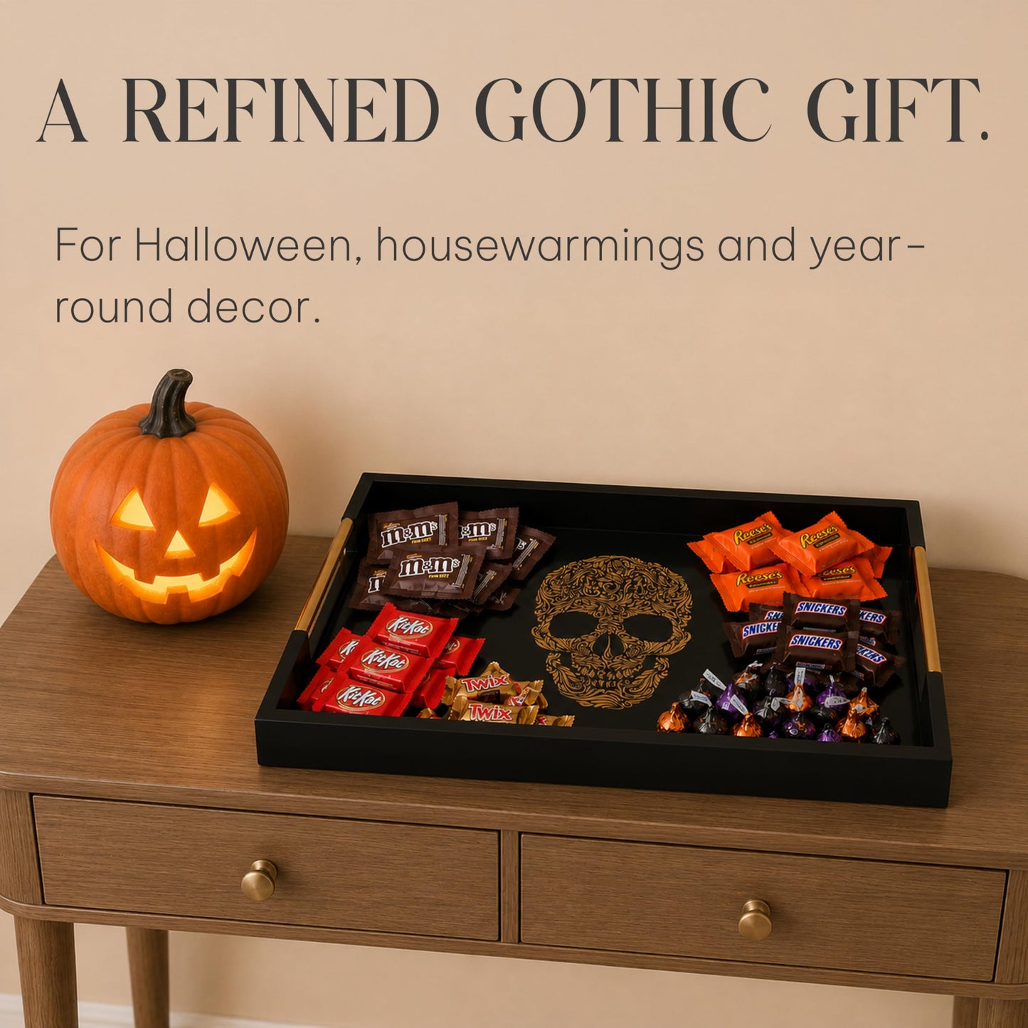 Gothic Skull Serving Tray with Gold Handles – Black Gloss Wooden Ottoman Tray for Coffee Table, Bar, or Kitchen – Elegant Gothic Decor & Unique Gift for Halloween, Horror & Alternative Style Lovers
