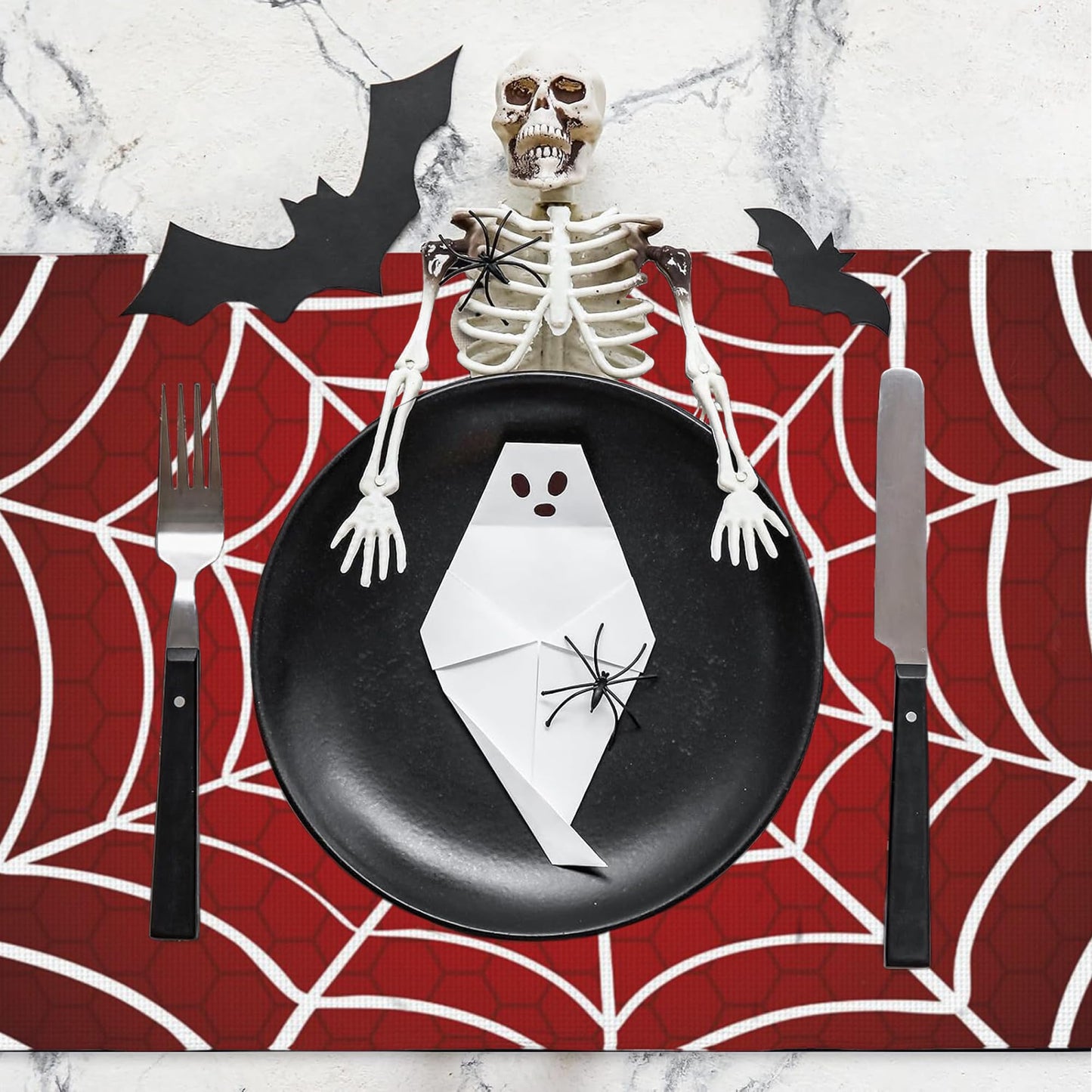 Halloween Red Cobweb Placemats Set of 4, Placemats Dining Table Mat Set,12x18 Washable Stain Resistant Wipeable Cloth Placemat for Kitchen Buffet Parties