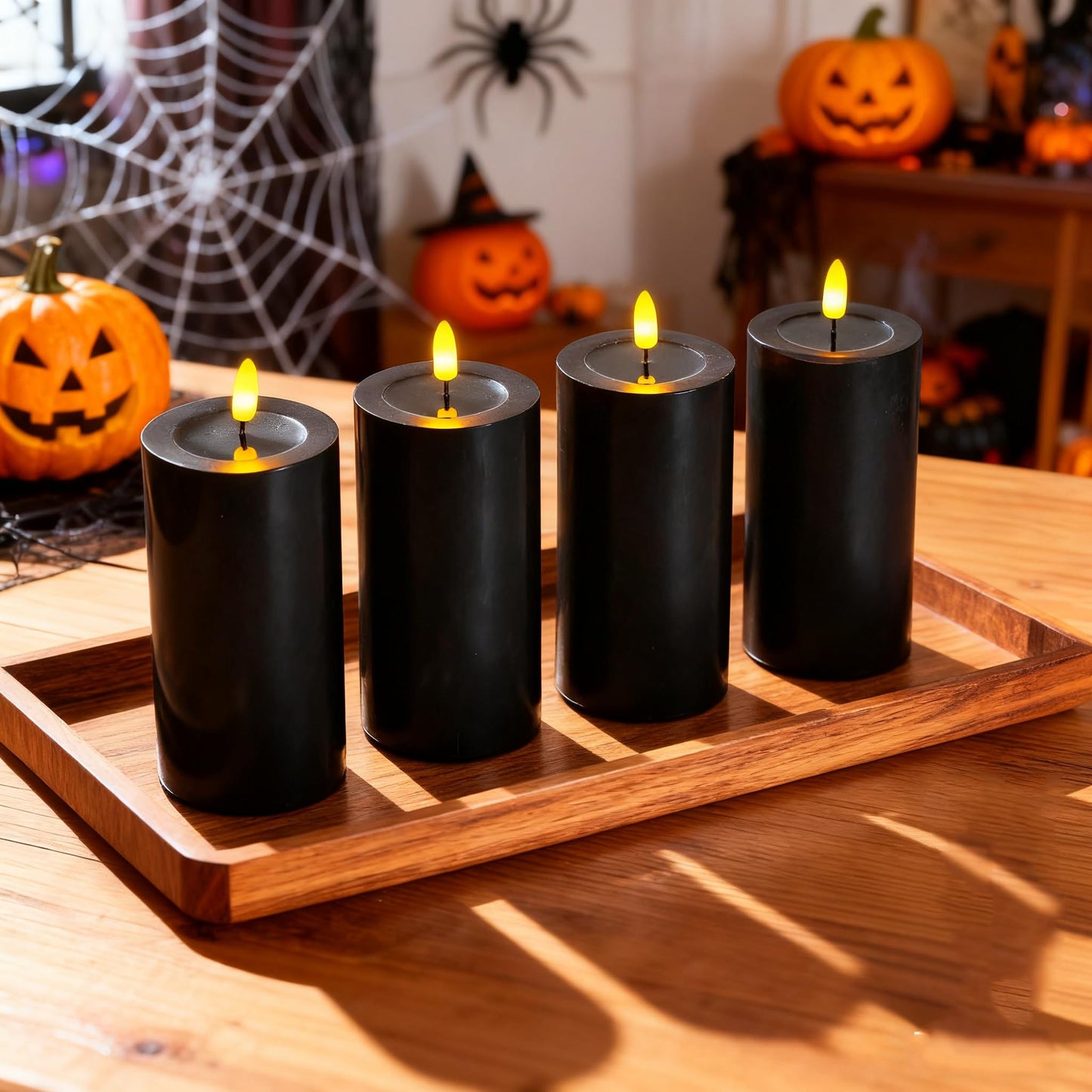 MUMCHASI 4 Packs Flameless Candles, Black Battery Operated Candles, Black Halloween LED Candles, Real Wax Flickering Candlelights with Remote for Home Fall Halloween Christmas Party Candelabra