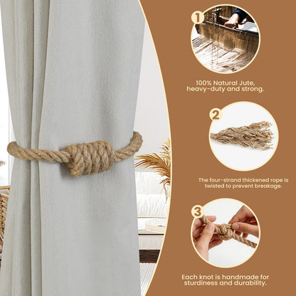 Magnetic Curtain Tiebacks, Decorative Jute Curtain Holdbacks for Draperies, Elegant Hand Weave Rope Knot Curtain Tie Backs, Boho Curtain Tiebacks for Home Office Bedroom Decor(Jute,4Pack)