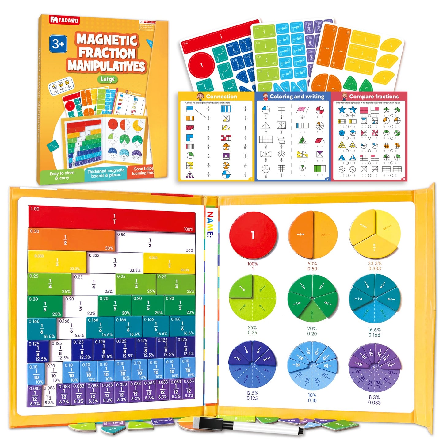 FADAWU Large Magnetic Fraction Demonstration Book, Magnetic Fraction Educational Puzzle with Tiles & Circles, Montessori Fraction Manipulatives for Elementary School, Maths Learning Toys for Kids