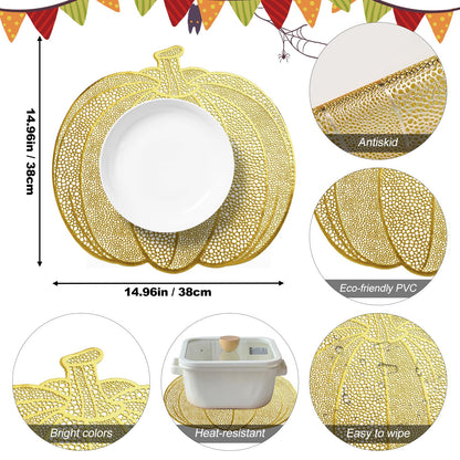 Pumpkin Placemats Set of 6, Gold Harvest Placemats Fall Thanksgiving Placemats Table Mats for Thanksgiving,Halloween and Party Table Decorations 15X15inch