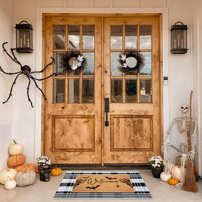 Fallovea Halloween Welcome Door Mat Combo Set, Skeletal Hand Coco Coir Doormat -28" x 43" Black and White Striped Rug, Autumn Front Porch Entryway Decor Floor Mat
