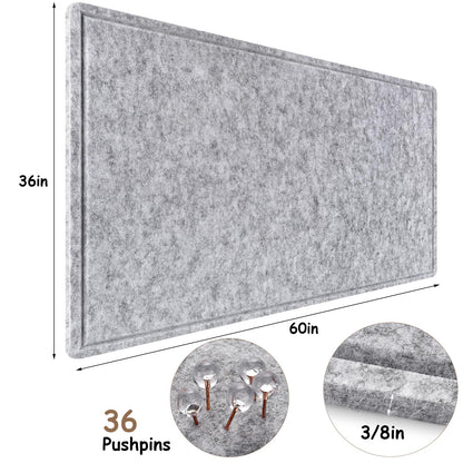 Large Bulletin Board, Foldable 60x36 Inches Cork Board Alternative, Large Felt Board Decorative Pin Board for Wall, Foldable Photo Board Self-Adhesive Vision Board with 36 Pushpins Light Gray
