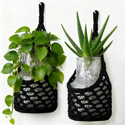 HOREAKHJ Macrame Wall Plant Hanger, Hanging Planter Basket Holder, Wall Planters for Indoor Plants, for Up to 6 Inch Pot (Black, 6-Inch)