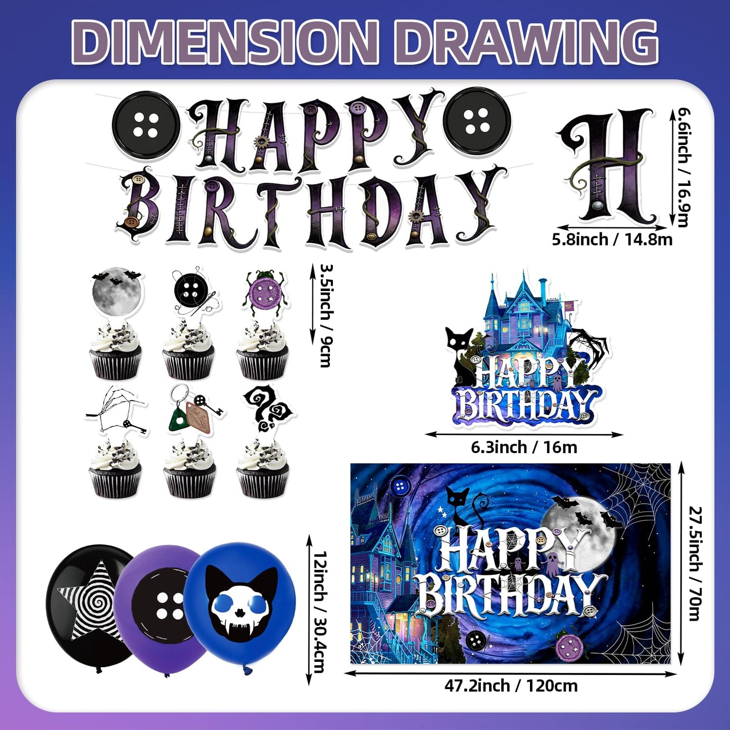 42Pcs Button Party Halloween Night Birthday Party Decorations Includes Cake Toppers,Cupcake Toppers, Banner, Backdrop, Balloons Halloween Party Supplies