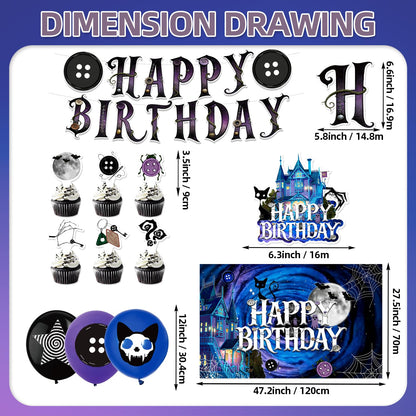 42Pcs Button Party Halloween Night Birthday Party Decorations Includes Cake Toppers,Cupcake Toppers, Banner, Backdrop, Balloons Halloween Party Supplies