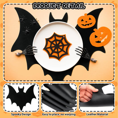 Remerry 4pcs Leather Halloween Bat Shape Placemats Washable Bat Place Mats Set of 4 Black Gothic Table Mats Table Decoration for Indoor Outdoor Party Resistant Kitchen Kitchen Dining Gift