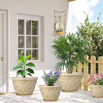 Nooulap 4 Pack 10 Inch Plant Pot with Drainage & Saucer, Plastic Flower Pots Outdoor Indoor, Beige Planters with Gold Flower Partten, for Patio, Garden Home Decor