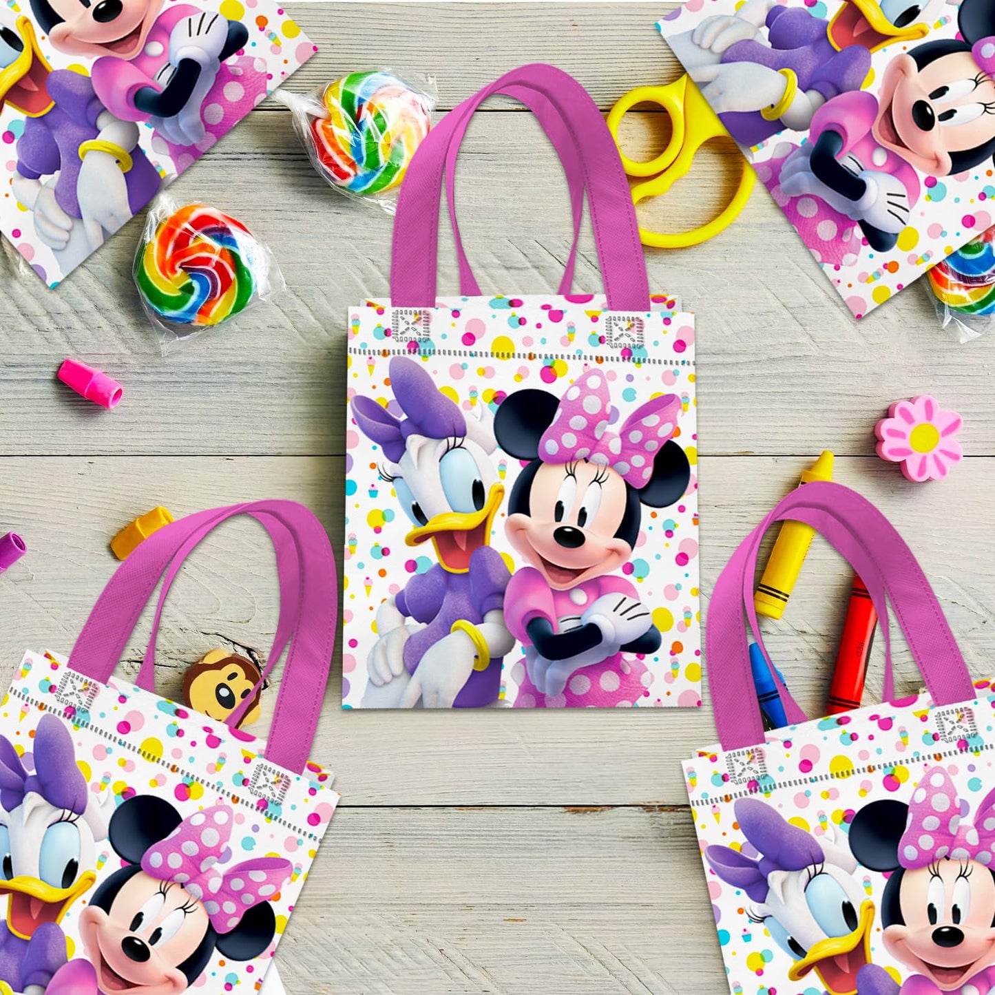 Minnie Mouse Party Favor Bag Set – 12 Pack of 8" Minnie Mouse Party Goodie Bags for Kids Bulk Reusable Mini Totes | Disney Birthday Party Supplies