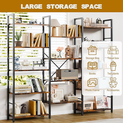 Shintenchi Triple 5 Tier Bookshelf, Industrial Large Bookcase with 14 Open Display Shelves, Large Etagere Bookshelf,Wide Book Shelf Book Case for Home & Office, Brown