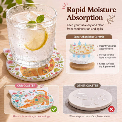 LemonRoad 4 Pack Cat Ear Coasters for Drinks 4.25 Inch Cute Absorbent Ceramic Coasters Non-slip Wooden Base for Housewarming Cat Lovers Gifts Kitchen Home Office decorate for Cold Drinks Wine Mugs Cup